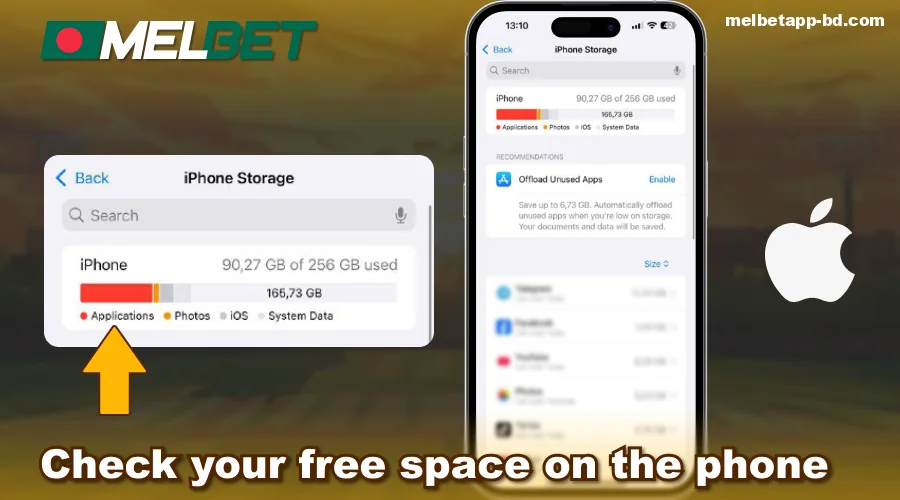 Check the amount of memory on your Melbet BD phone