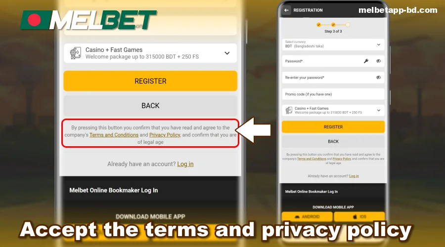 Agree to the terms of the Melbet BD app